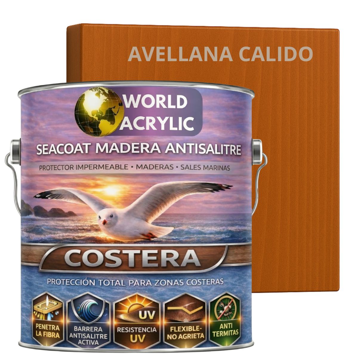 WORLD ACRYLIC - BARNIZ COSTERO - SEACOAT MADERA ANTISALITRE - AVELLANA CALIDO - GALON