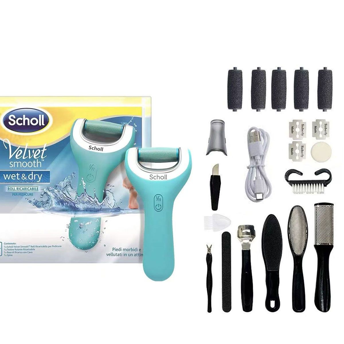 PUREPOWER - Scholls Eliminador de callos recargable Con kit de pedicura Para piel muerta