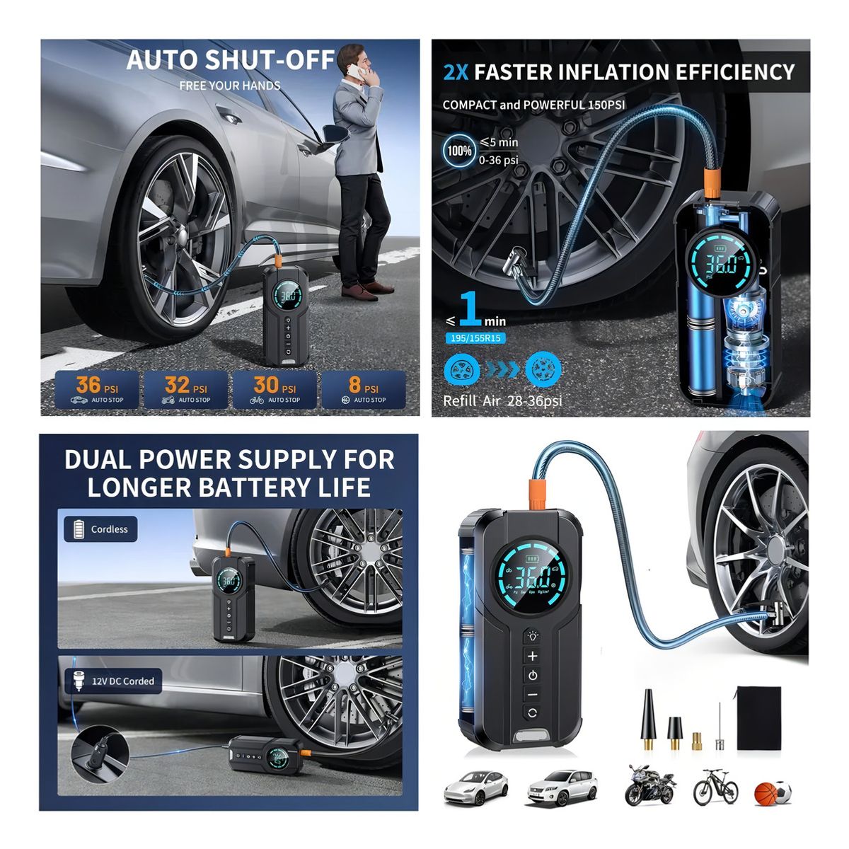 GENERICO - Arrancador Partidor Inflador Compresor Portátil Digital 12v Led 150psi Auto Moto