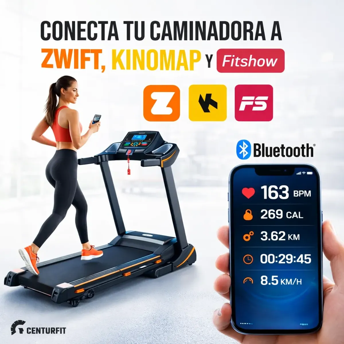 CENTURFIT - Trotadora Profesional Centurfit 20 km/h 4 HP Plegable Superficie 145 x 58 cm Soporta 150 kg