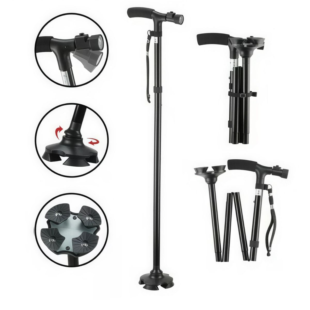 MOVI - Bastón Ortopédico Plegable LED Seguridad y Apoyo Todo Terreno