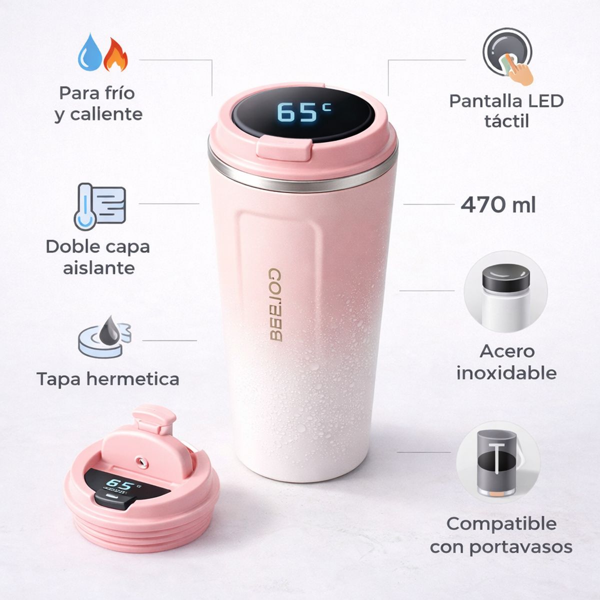 MOVI - Vaso Térmico LED 470ml Doble Aislación Acero Premium