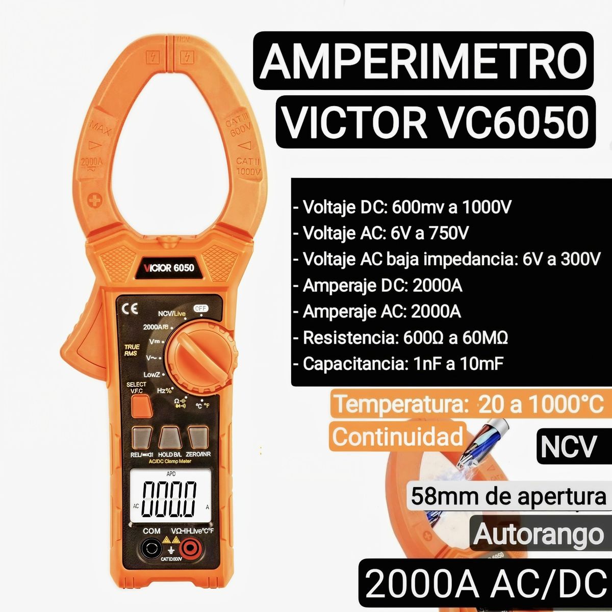 GENERICO - Amperimetro Autorango. 2000 Amperes AC-DC. Temperatura. NCV
