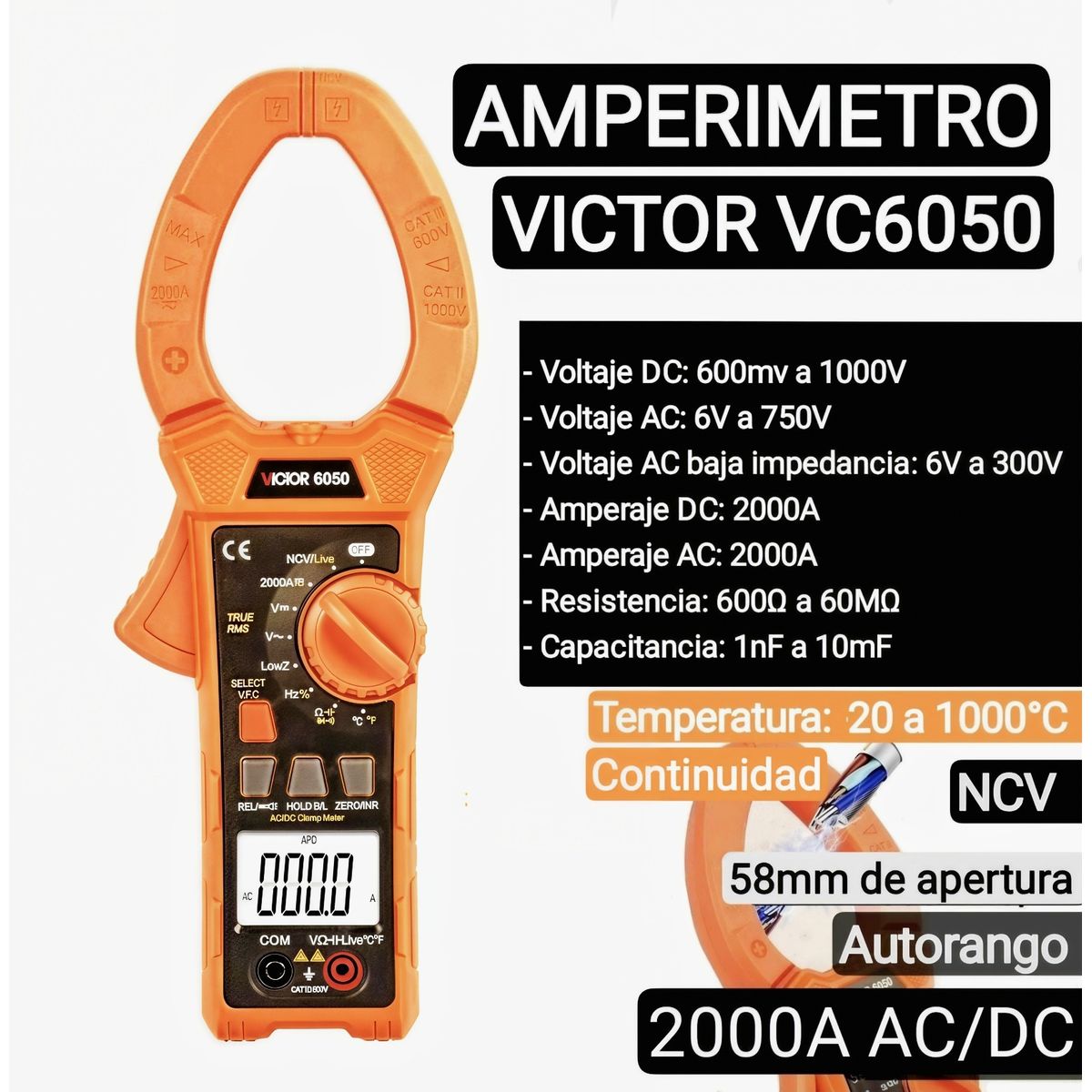 GENERICO - Amperimetro Autorango. 2000 Amperes AC-DC. Temperatura. NCV