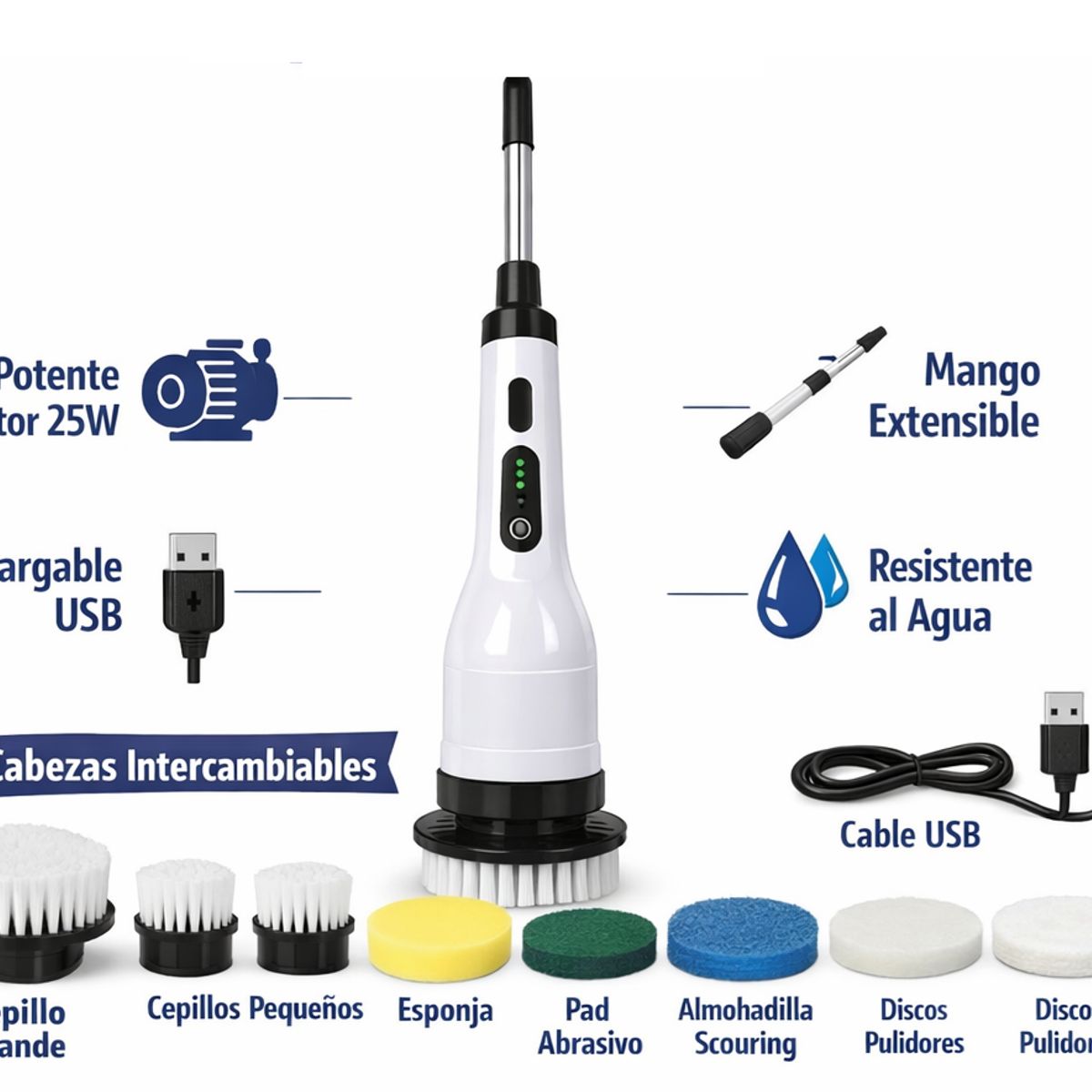 TASBEL - Cepillo  Limpieza 9en1 25W Recargable Mango Extensible Bano Cocina Auto Hogar