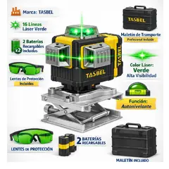 TASBEL - Nivel Laser 16 Lineas Verde 2 Baterias Autonivelante Maletin Construccion Obra