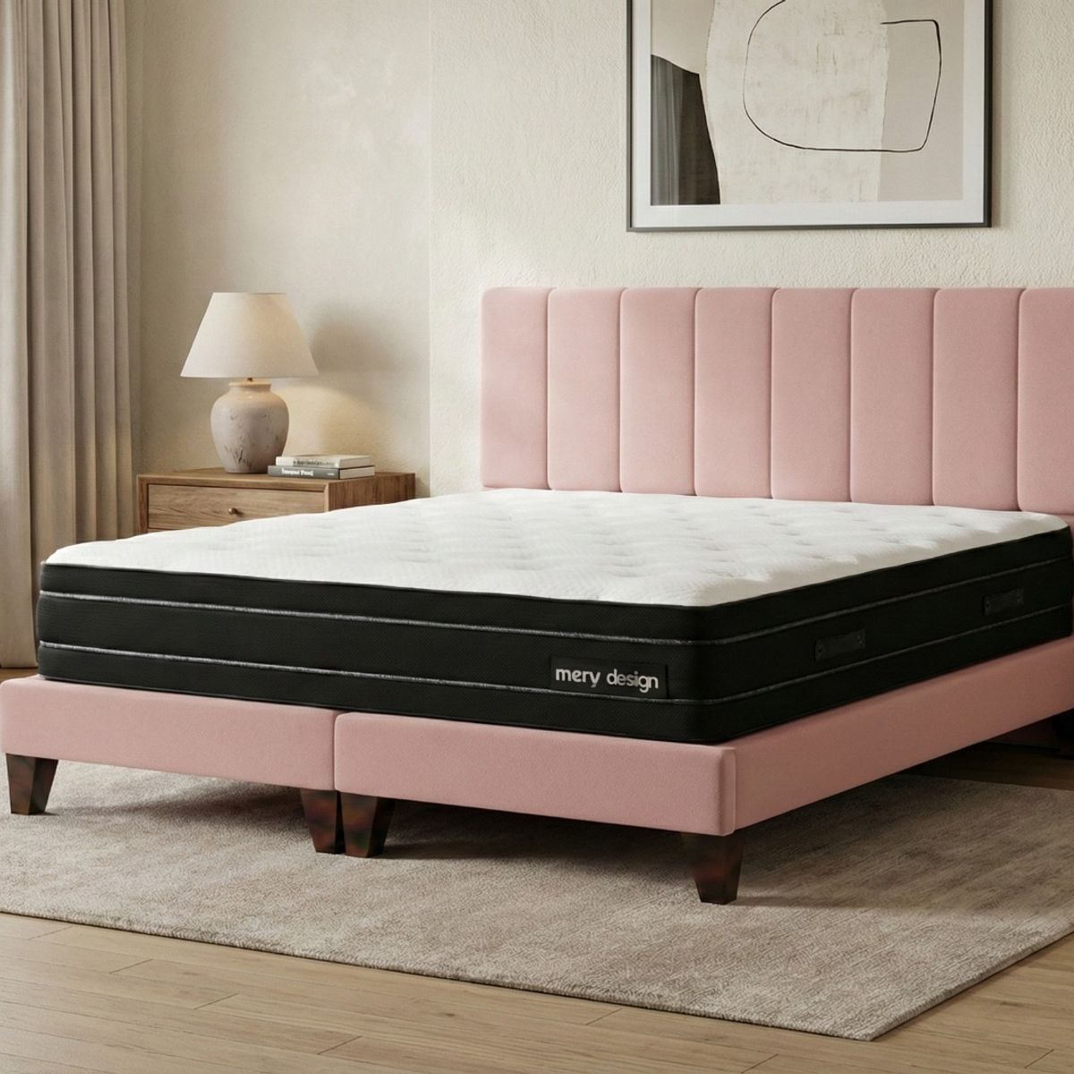 GENERICO - Cama 2 Plazas Completa Rosado- Base Europea + Colchón Excellense Plus 25CM + Respaldo Tapizado