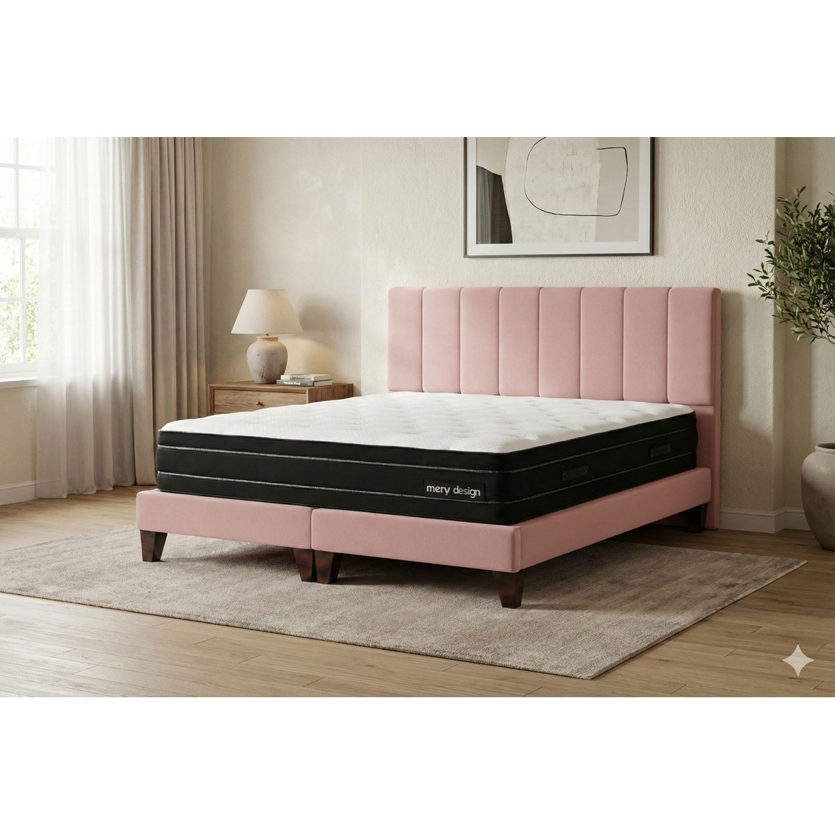 GENERICO - Cama 2 Plazas Completa Rosado- Base Europea + Colchón Excellense Plus 25CM + Respaldo Tapizado