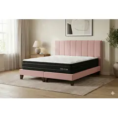 GENERICO - Cama 2 Plazas Completa Rosado- Base Europea + Colchón Excellense Plus 25CM + Respaldo Tapizado