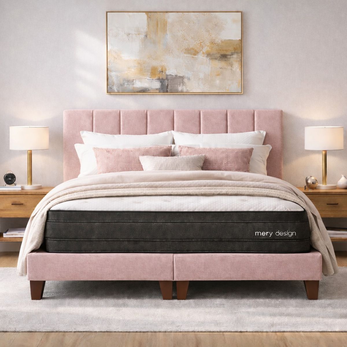 GENERICO - Cama 2 Plazas Completa Rosado- Base Europea + Colchón Excellense Plus 25CM + Respaldo Tapizado