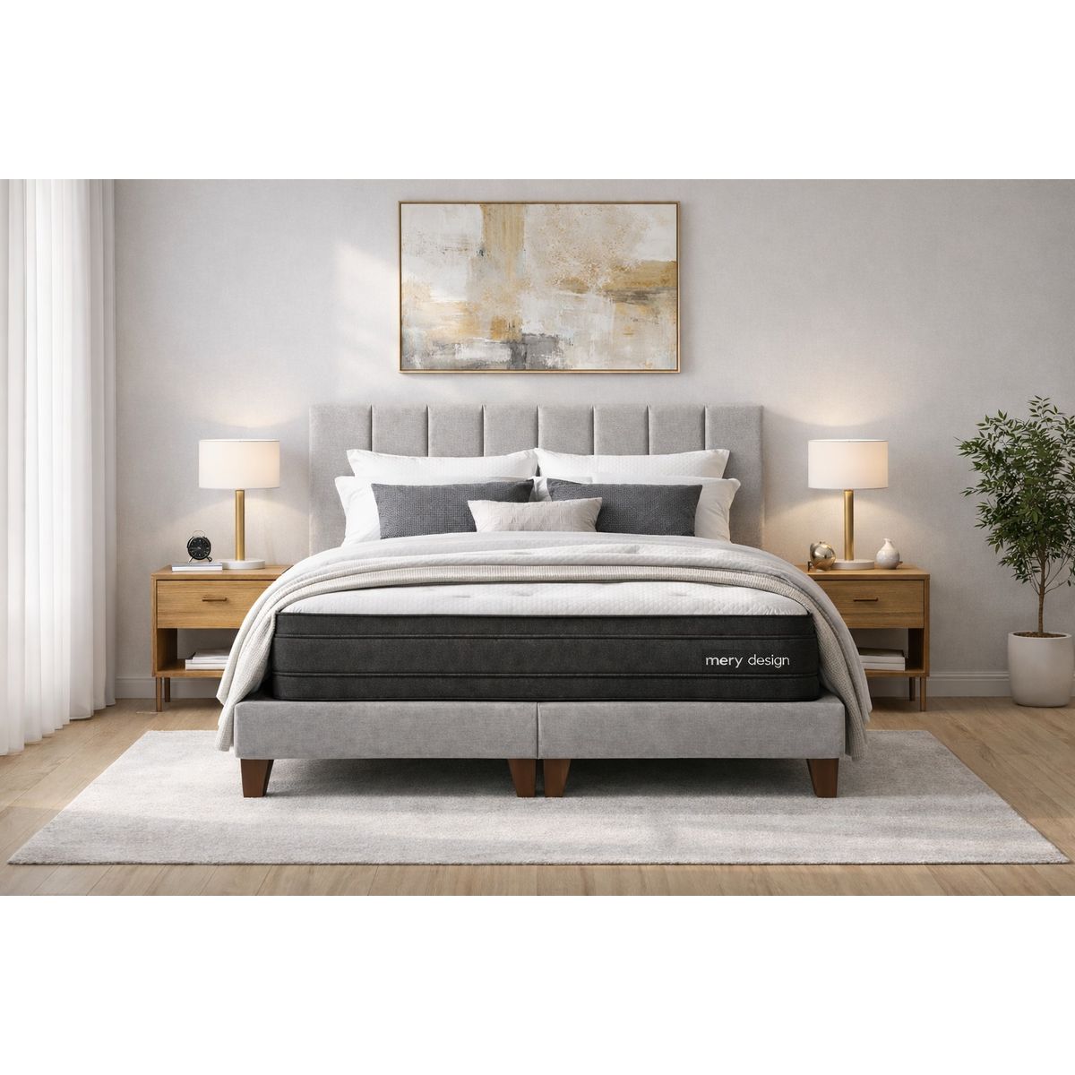 Cama 2 Plazas Completa Gris Claro- Base Europea + Colchón Excellense Plus 25CM + Respaldo Tapizado, marca GENERICO - Foto Principal