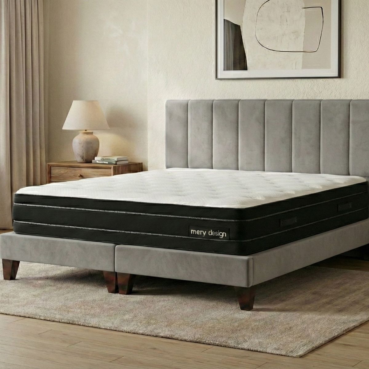 Cama 2 Plazas Completa Gris Claro- Base Europea + Colchón Excellense Plus 25CM + Respaldo Tapizado, marca GENERICO - Foto 2