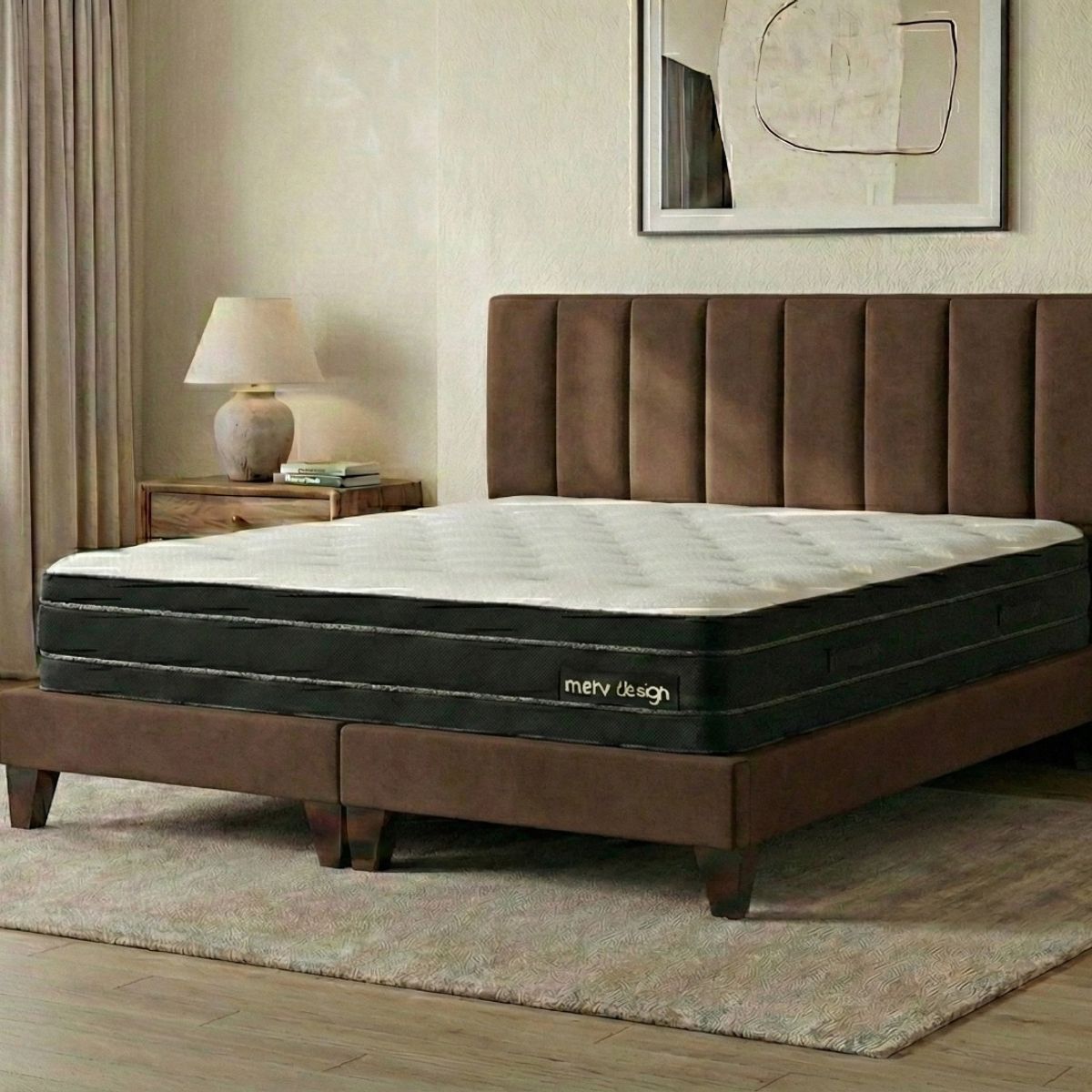 GENERICO - Cama 2 Plazas Completa Marron - Base Europea + Colchón Excellense Plus 25CM + Respaldo Tapizado
