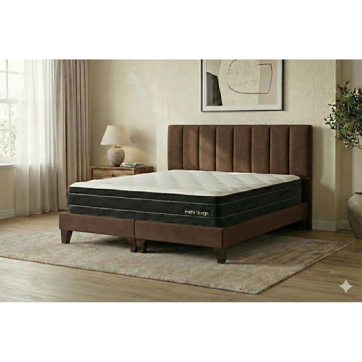 GENERICO - Cama 2 Plazas Completa Marron - Base Europea + Colchón Excellense Plus 25CM + Respaldo Tapizado