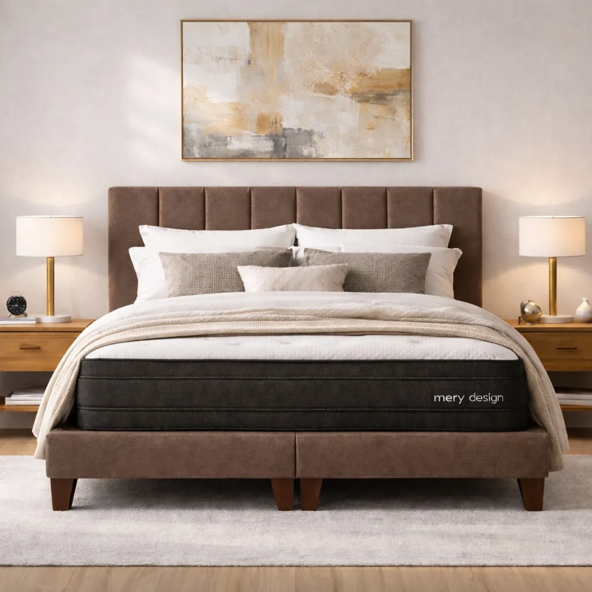 GENERICO - Cama 2 Plazas Completa Marron - Base Europea + Colchón Excellense Plus 25CM + Respaldo Tapizado