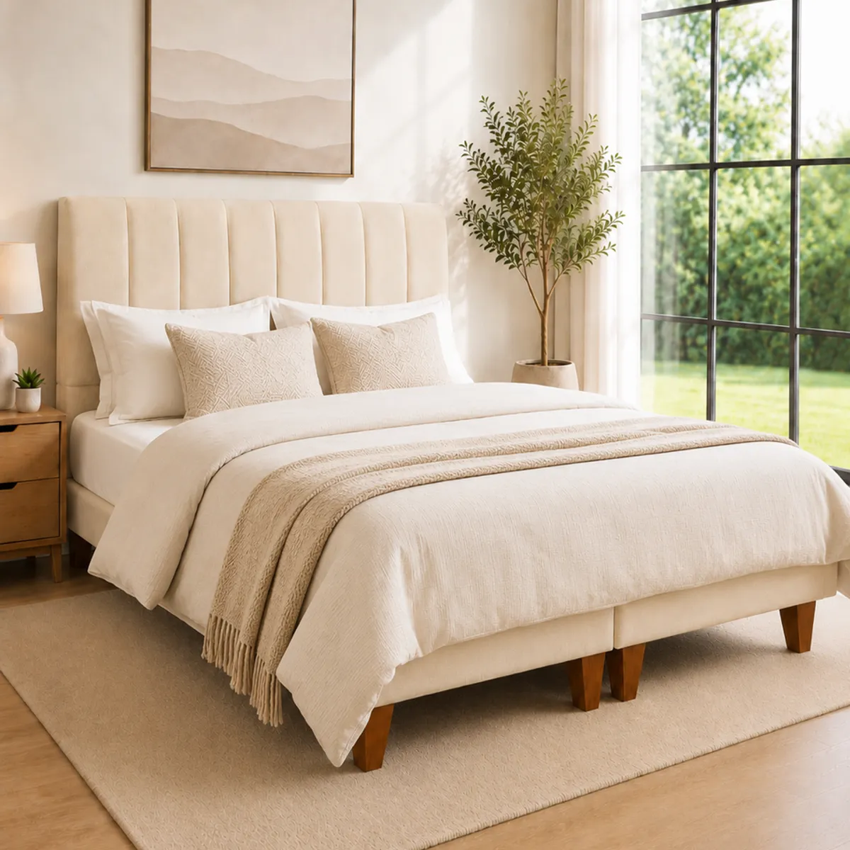 GENERICO - Cama 2 Plazas Completa Beige - Base Europea + Colchón Excellense Plus 25CM + Respaldo Tapizado