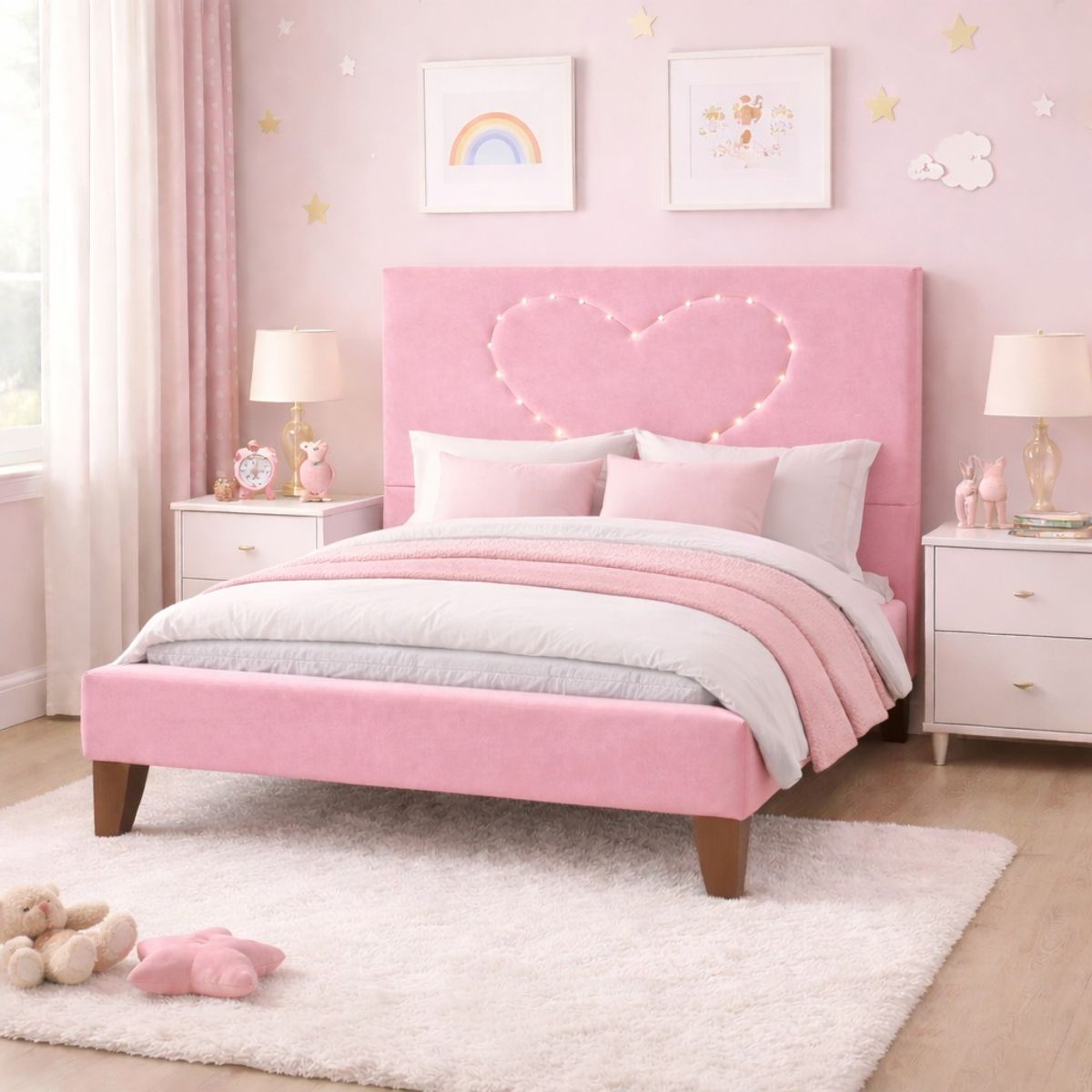 GENERICO - Cama Plaza y Media Corazón Rosado Base + Colchón Mery Design