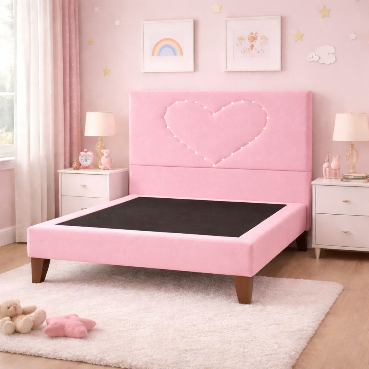 GENERICO - Cama Plaza y Media Corazón Rosado Base + Colchón Mery Design