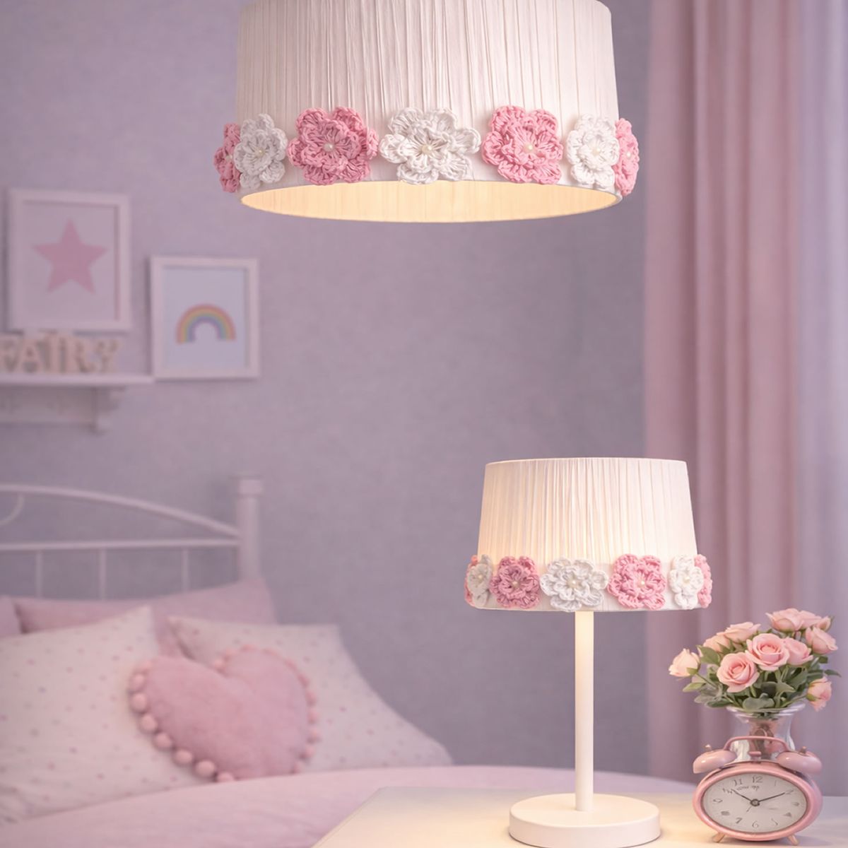 DECORACION CREATIVA - Set Lampara infantil- Linea Corona de Flores Colgante y de Velador