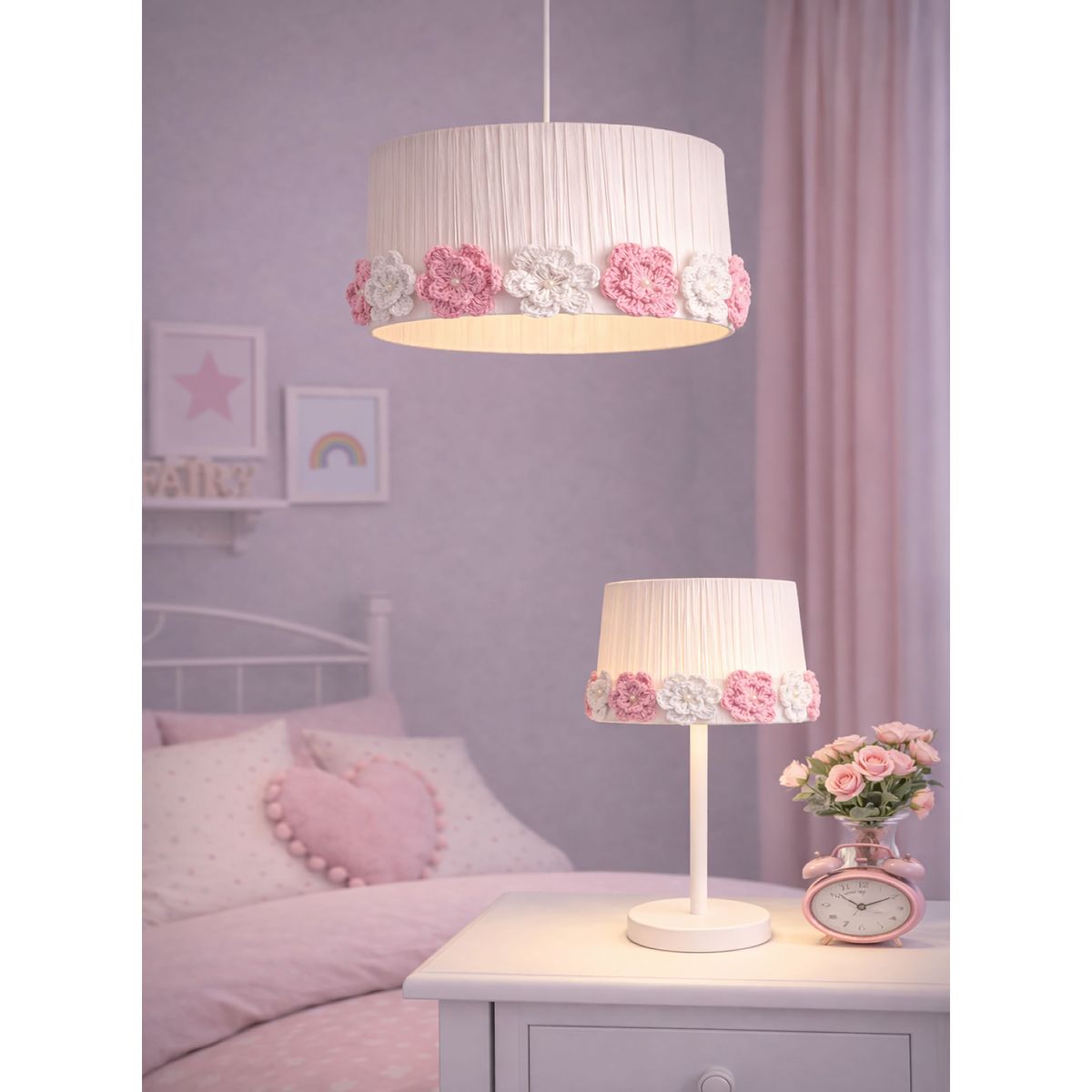 DECORACION CREATIVA - Set Lampara infantil- Linea Corona de Flores Colgante y de Velador