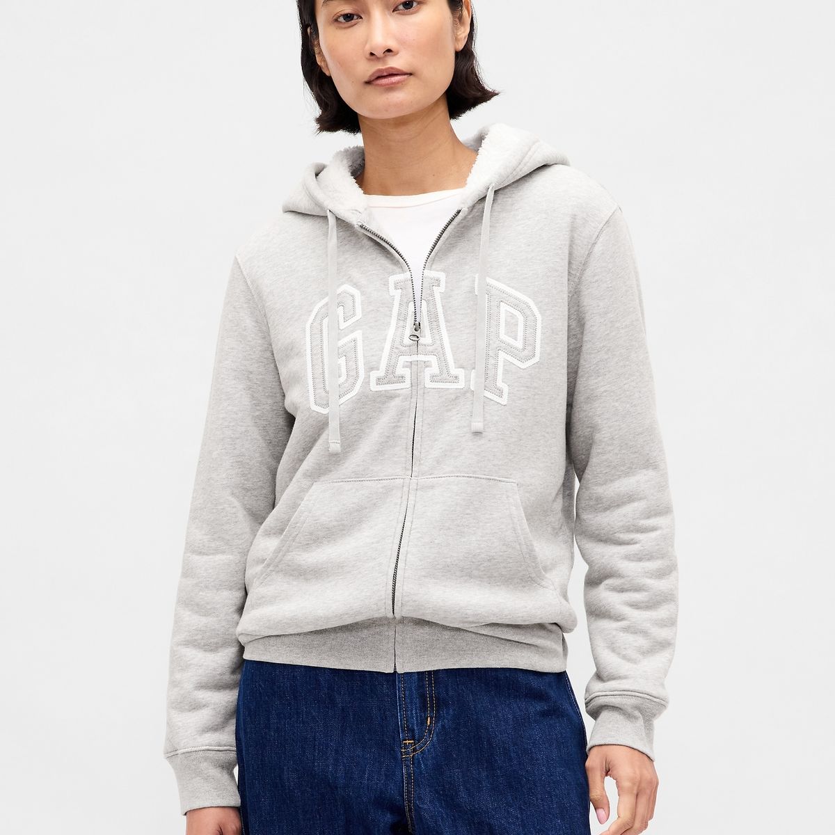 GAP - Polerón Mujer Gap Con Gorro Con Cierre Logo Sherpa Gris
