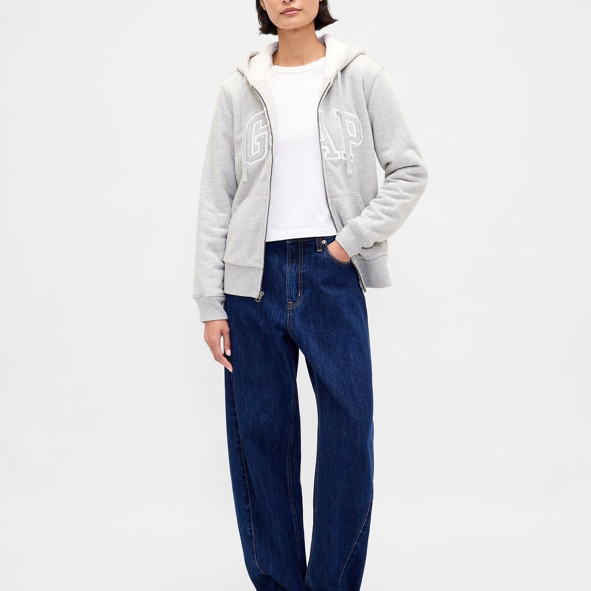 GAP - Polerón Mujer Gap Con Gorro Con Cierre Logo Sherpa Gris