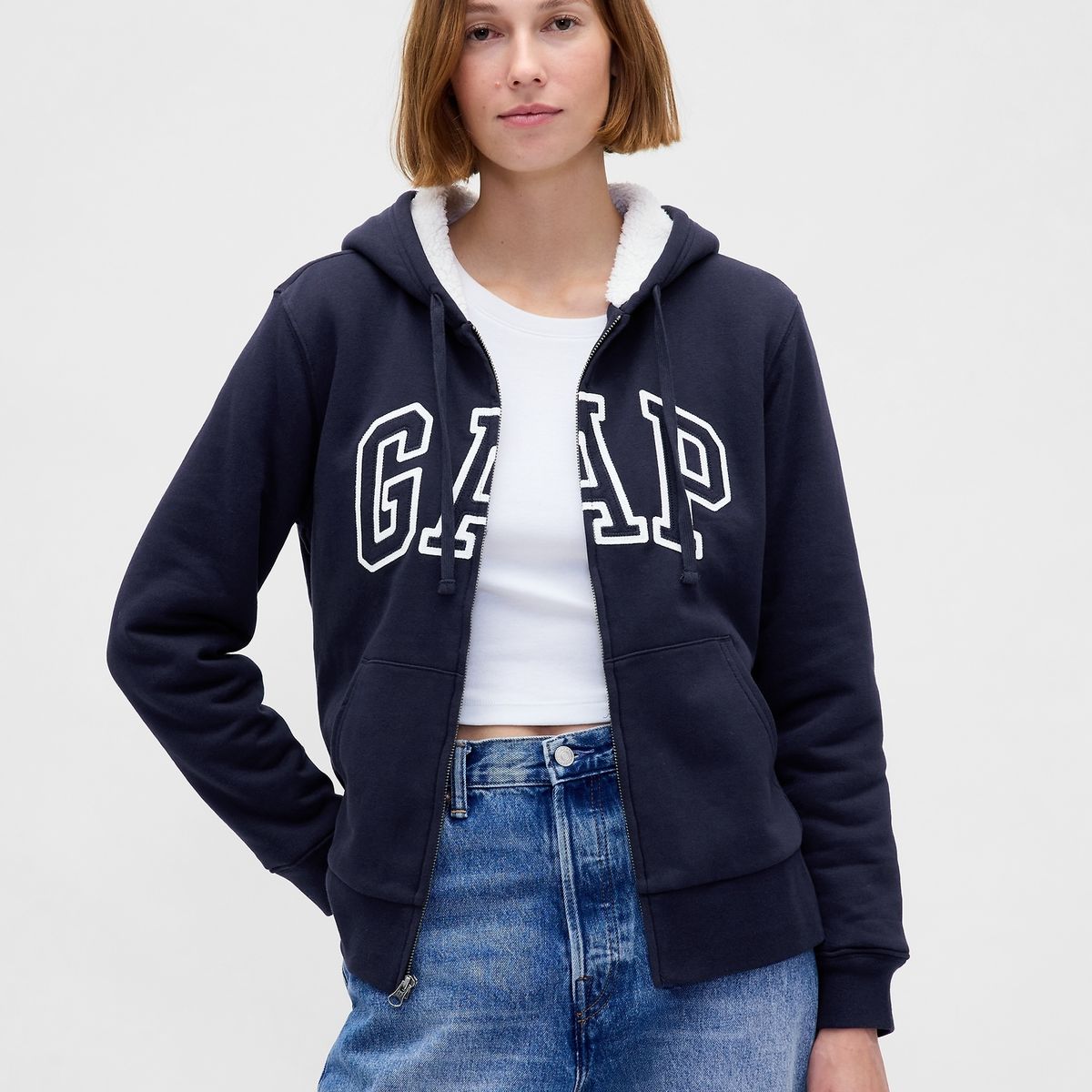 GAP - Polerón Mujer Gap Con Gorro Con Cierre Logo Sherpa Azul