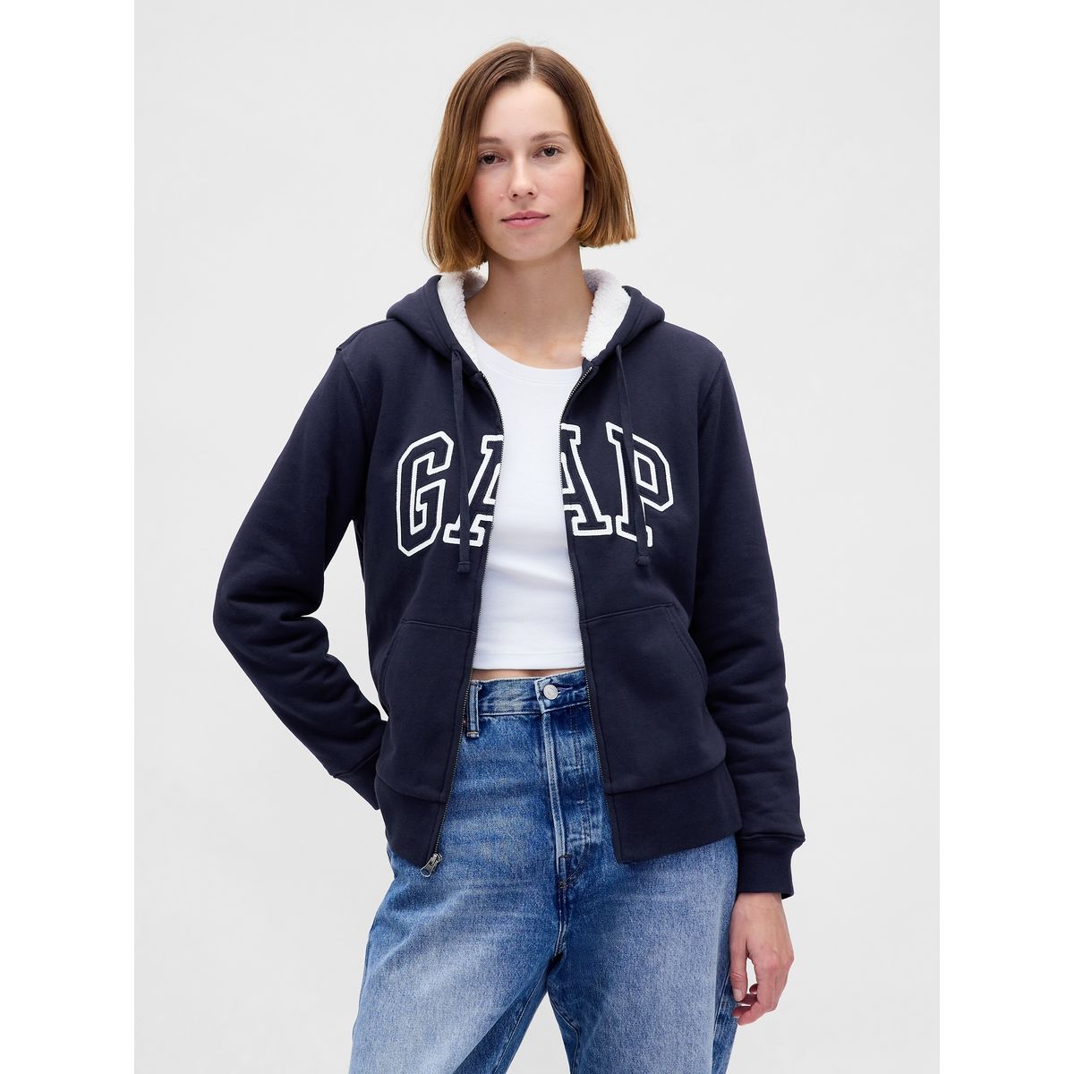 GAP - Polerón Mujer Gap Con Gorro Con Cierre Logo Sherpa Azul