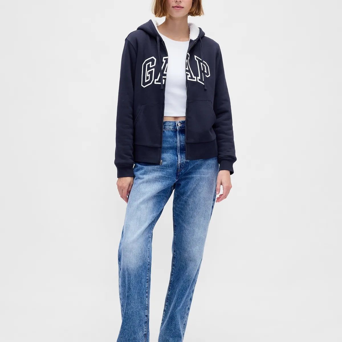 GAP - Polerón Mujer Con Gorro Con Cierre Logo Sherpa Azul Gap