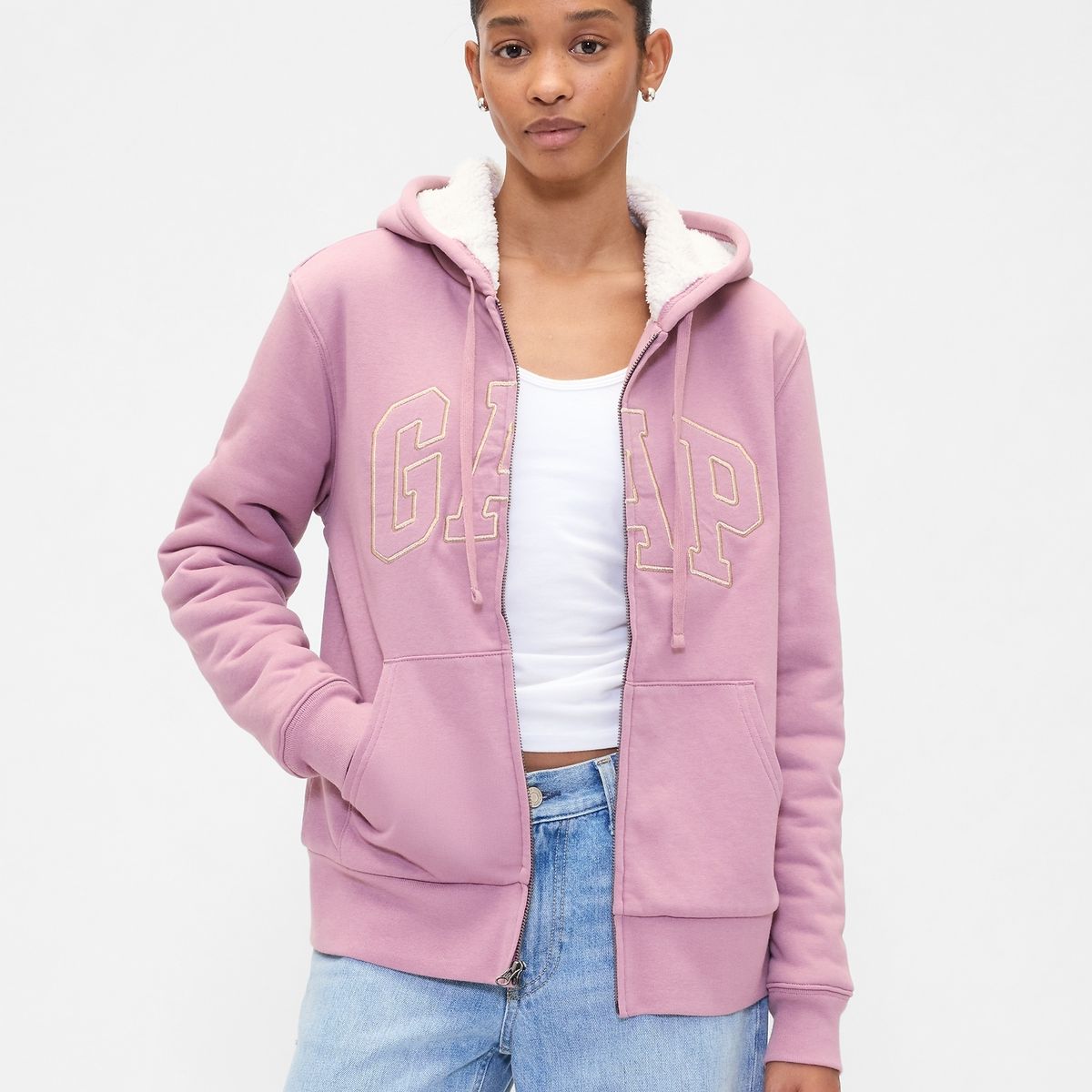 GAP - Polerón Mujer Gap Con Gorro Con Cierre Logo Sherpa Morado