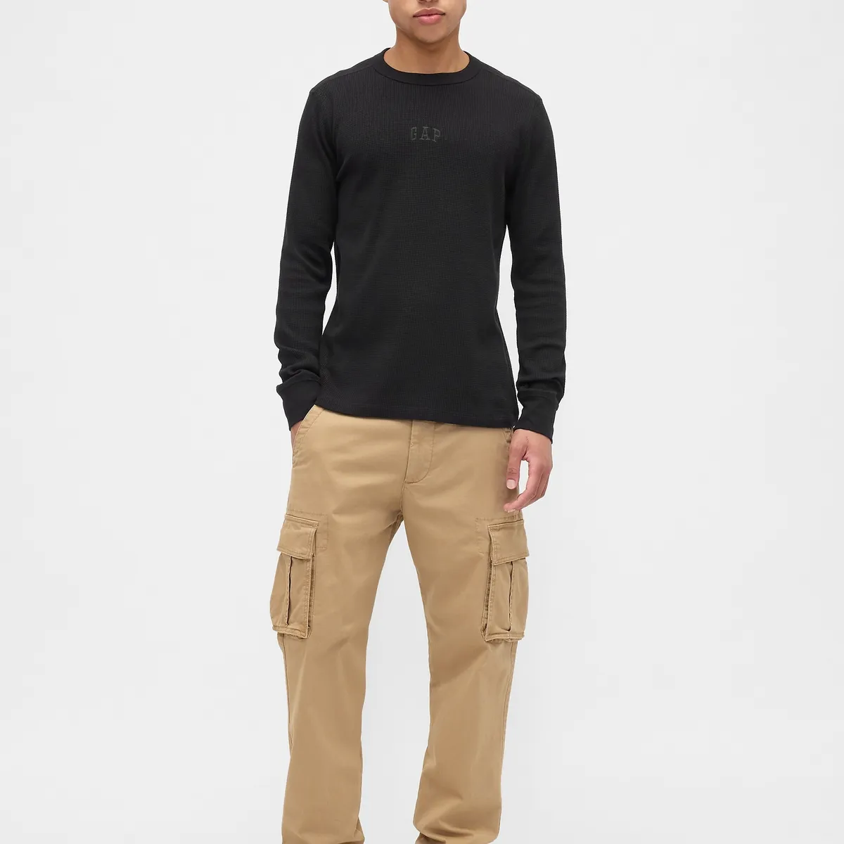 GAP - Polera Hombre Gap Manga Larga Waffle Negro