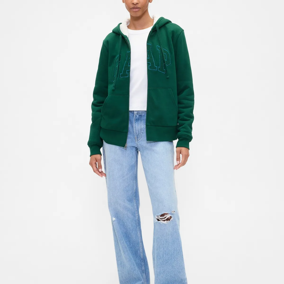 GAP - Polerón Mujer Con Gorro Con Cierre Logo Sherpa Verde Gap