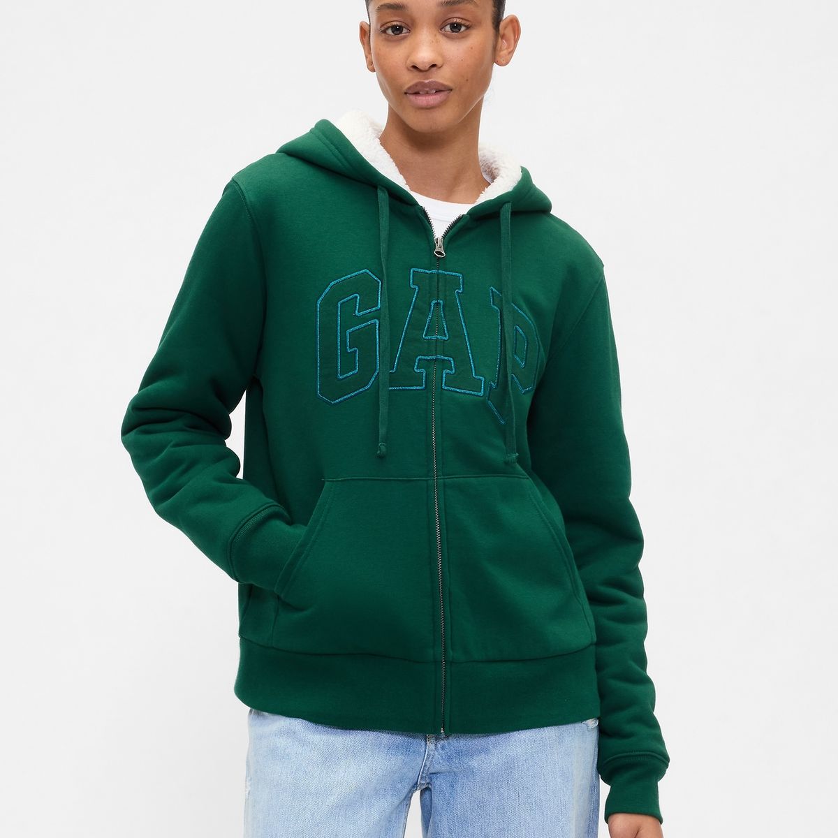 GAP - Polerón Mujer Con Gorro Con Cierre Logo Sherpa Verde Gap