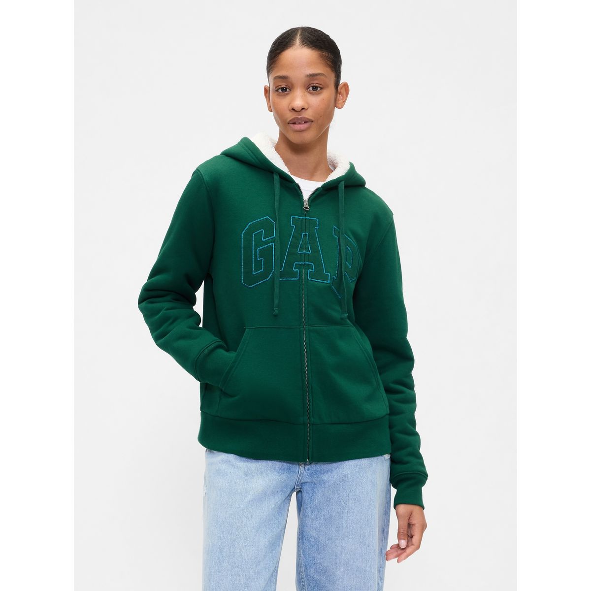 GAP - Polerón Mujer Con Gorro Con Cierre Logo Sherpa Verde Gap