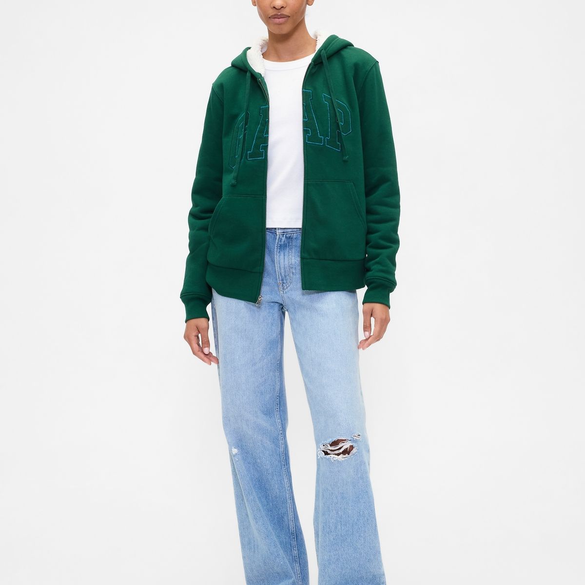 GAP - Polerón Mujer Con Gorro Con Cierre Logo Sherpa Verde Gap