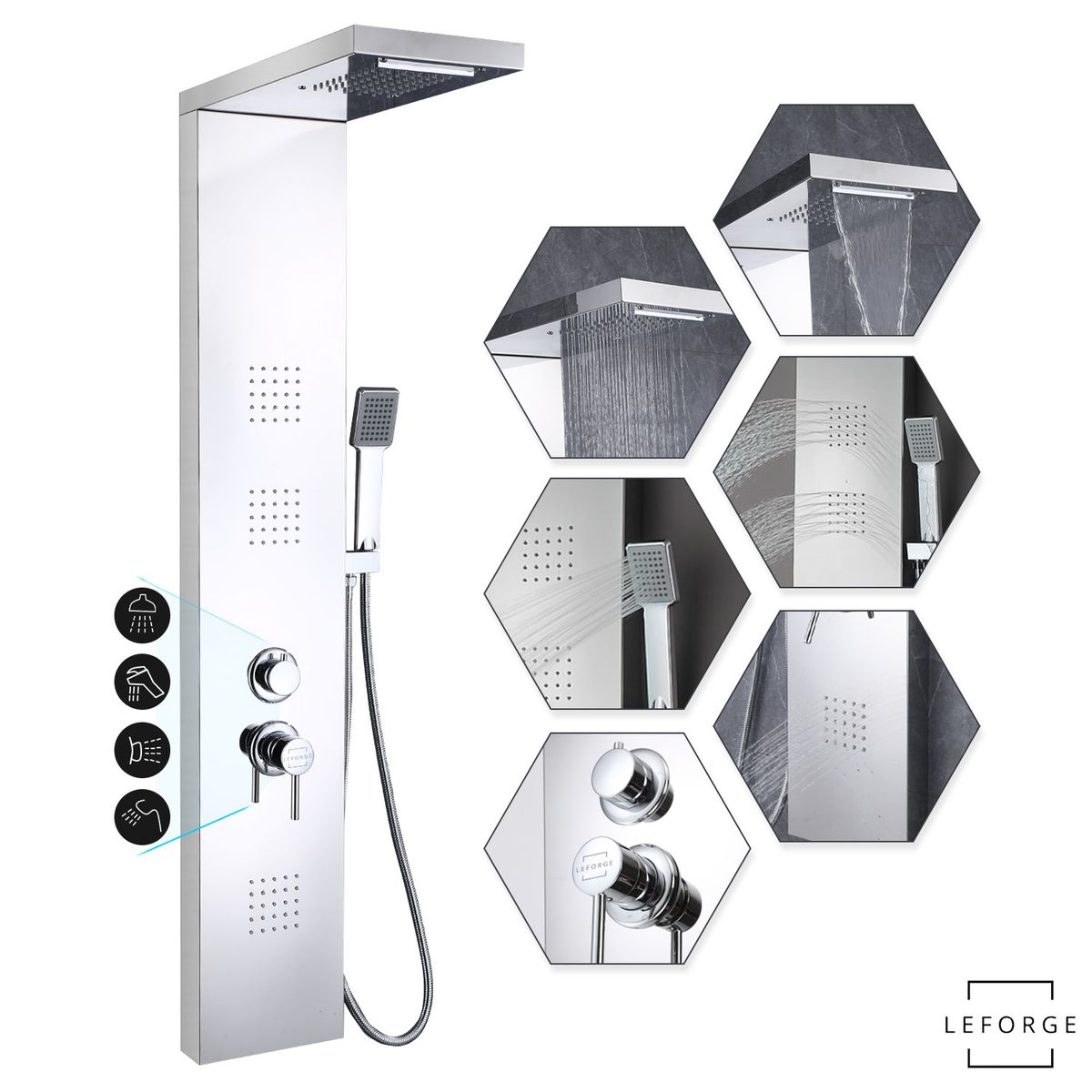 LEFORGE BAIN - Columna De Ducha Hidromasaje 4 Funciones 125x22cm 3 Jets Plateado Brillante