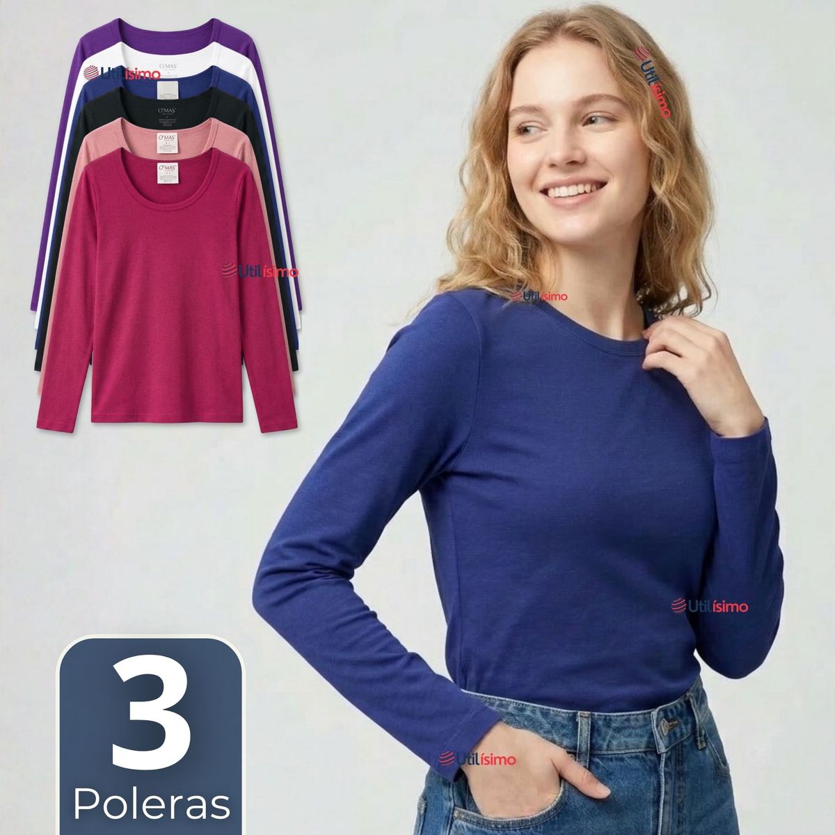 UTILISIMO - Pack 3 Camisetas Poleras Polar Primera Capa Manga Larga Colores Surtidos Mujer