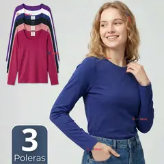 UTILISIMO - Pack 3 Camisetas Poleras Polar Primera Capa Manga Larga Colores Surtidos Mujer