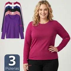 UTILISIMO - Pack 3 Camisetas Poleras Polar Primera Capa Manga Larga Colores Surtidos Mujer