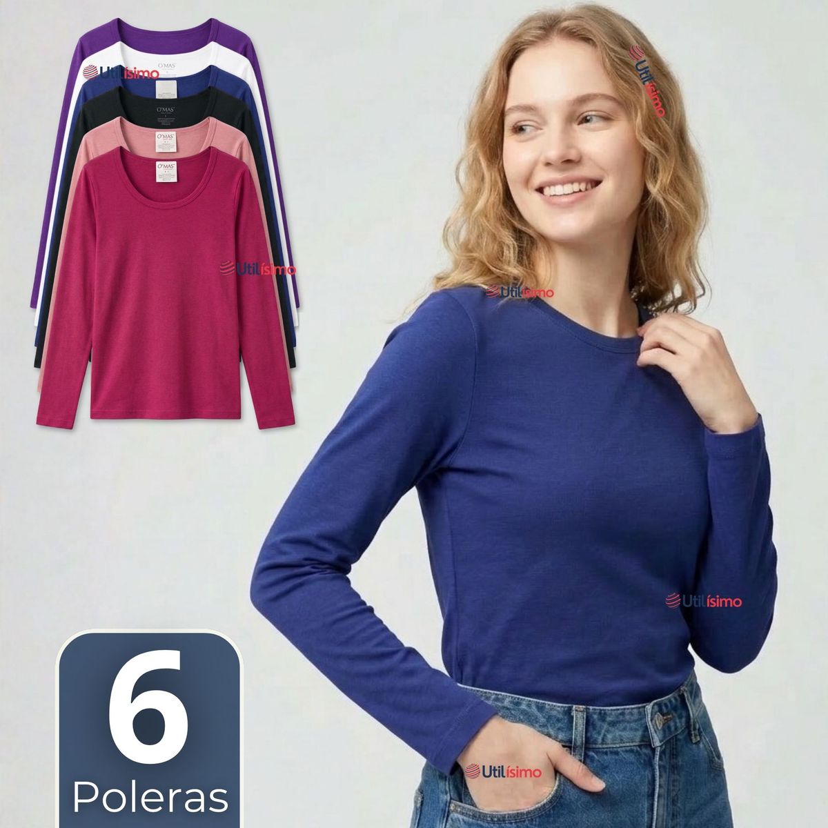 UTILISIMO - Pack 6 Camisetas Poleras Polar Primera Capa Manga Larga Colores Surtidos Mujer