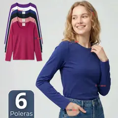 UTILISIMO - Pack 6 Camisetas Poleras Polar Primera Capa Manga Larga Colores Surtidos Mujer