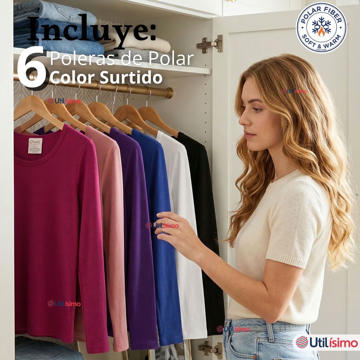 UTILISIMO - Pack 6 Camisetas Poleras Polar Primera Capa Manga Larga Colores Surtidos Mujer