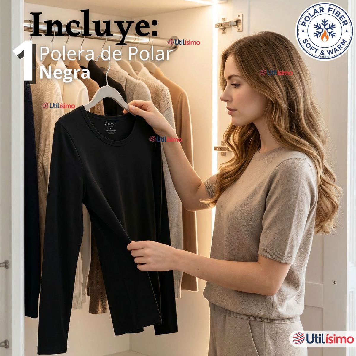 UTILISIMO - Camiseta Polera Polar Primera Capa Negro Manga Larga Mujer