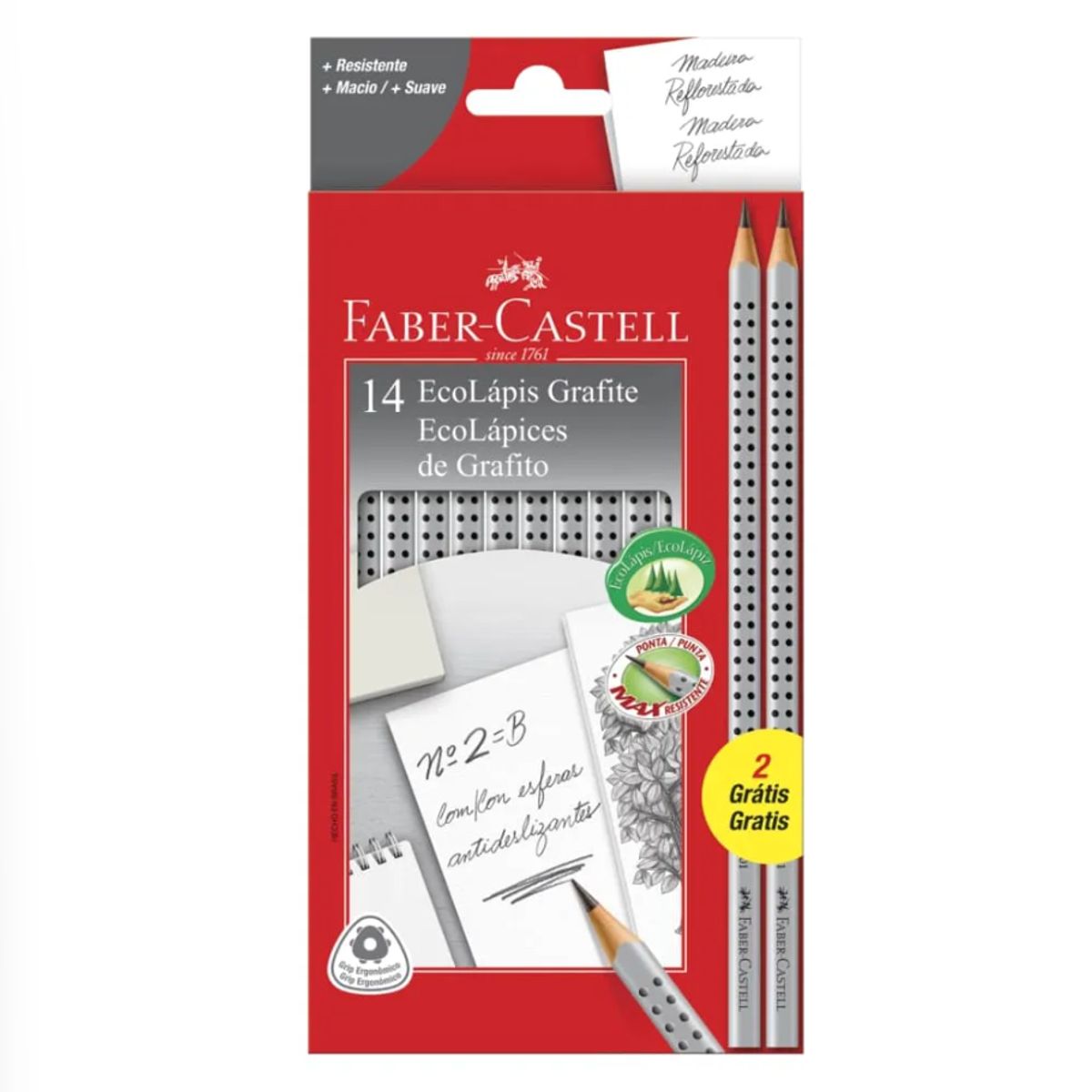FABER-CASTELL - Lápiz grafito Eco triangular con grip 12 +2 und  B N° 2 FABER CASTELL