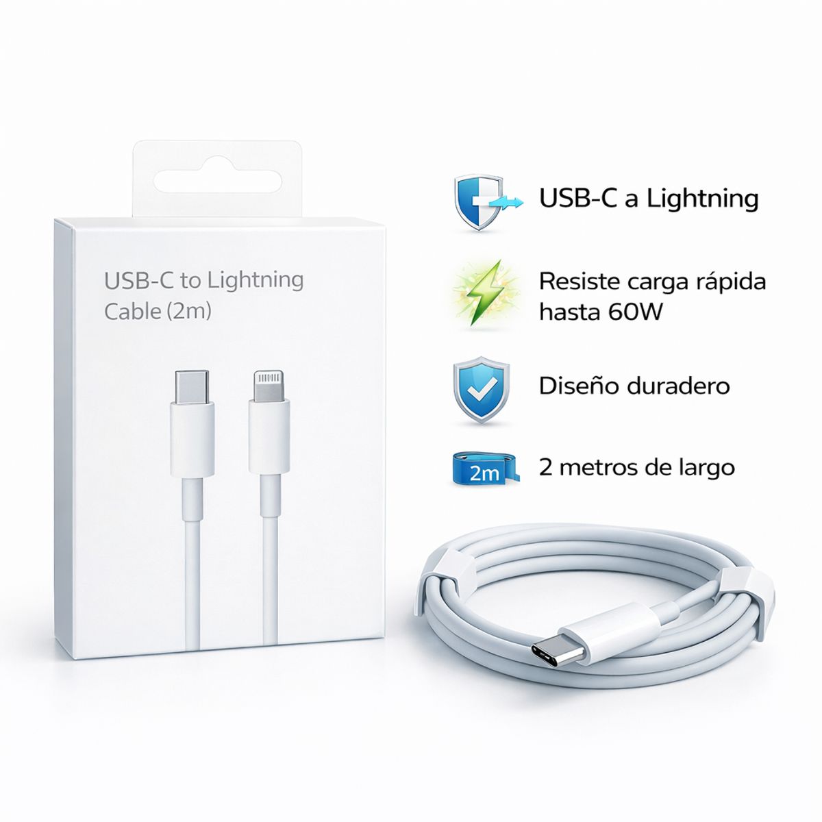 GENERICO - Cable Usb-c A Lightning 2m Blanco Para Carga Rápida 60w