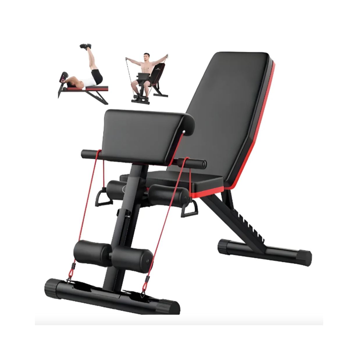 GENERICO - Banco Abdominal Plegable Negro con Respaldo Ajustable y Bandas Elásticas