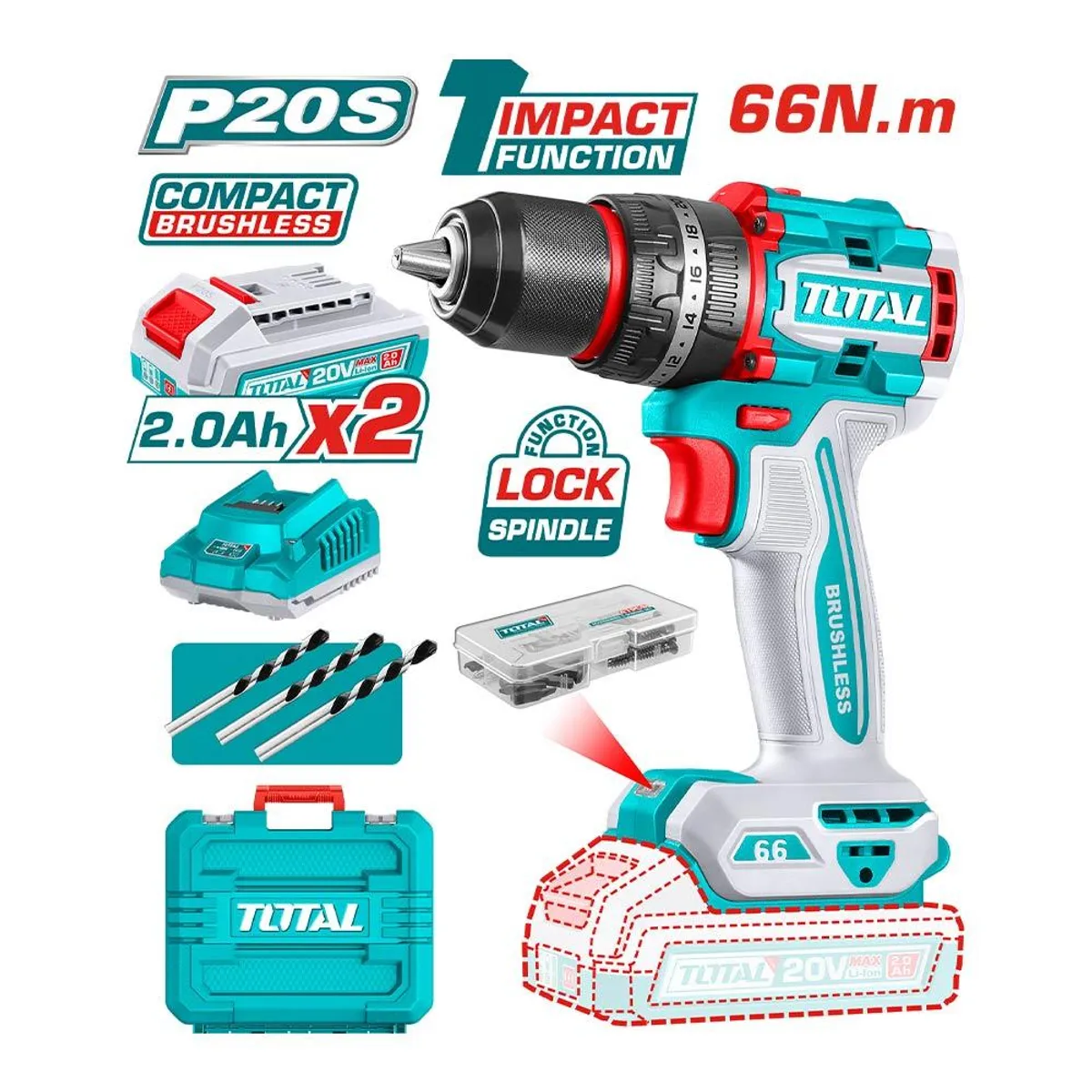 TOTAL TOOLS - TAL.PERC TOTAL 13MM 20V+2B 2A+C+MAL TIDLI20668-7