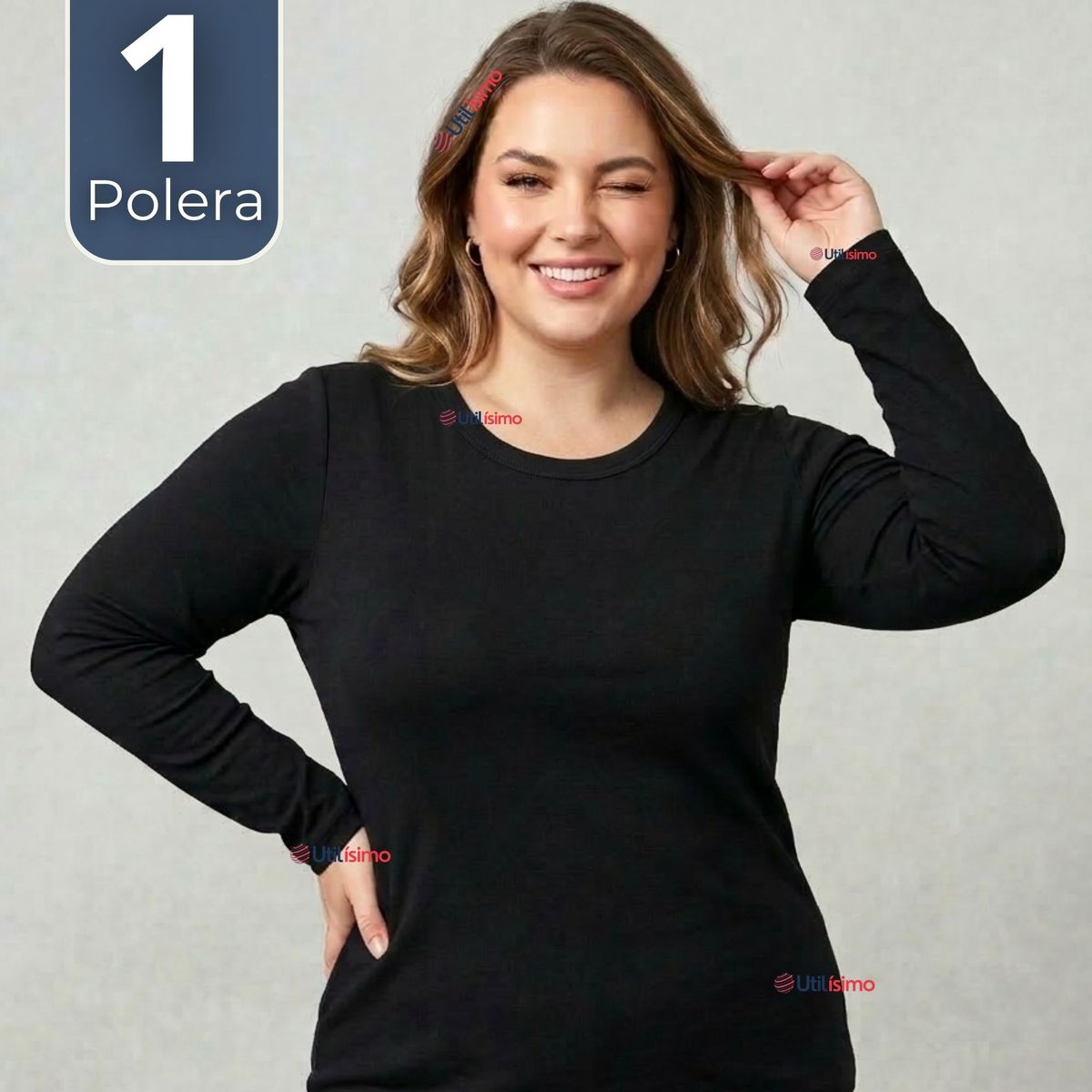 UTILISIMO - Camiseta Polera Polar Primera Capa Negro Manga Larga Mujer