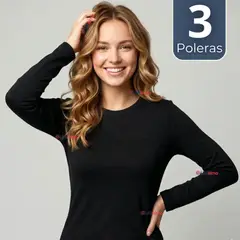 UTILISIMO - Pack 3 Camisetas Poleras Polar Primera Capa Negro Manga Larga Mujer