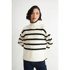 NICOPOLY - Sweater Cuello Alto Rayas Horizontales Blanco